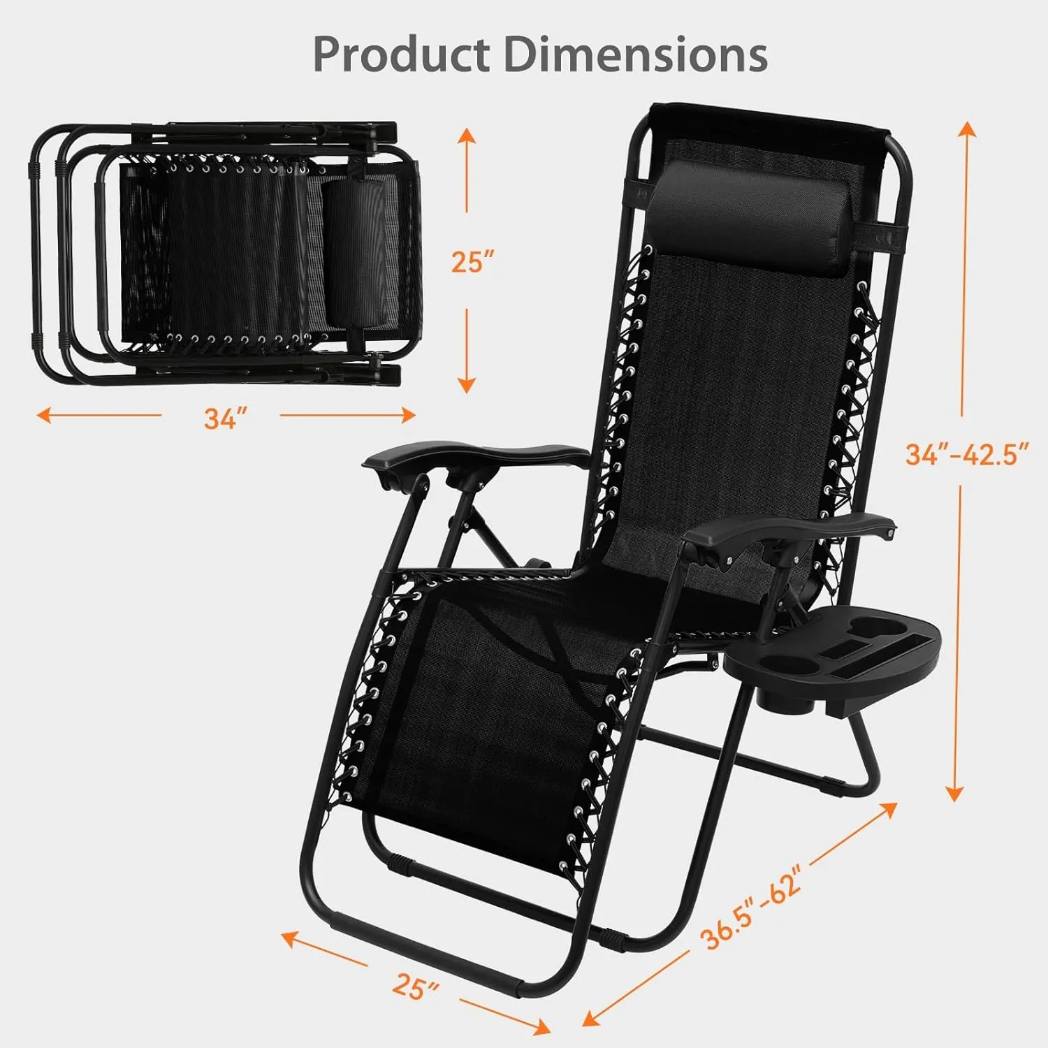Zero Gravity Chairs, Portable Folding Reclining Lounge Chairs with Adjustable Pillow and Cup Holder Trays for Outdoor, Patio, Beach, Camping, Garden, Poolside, Set of 2 Black
