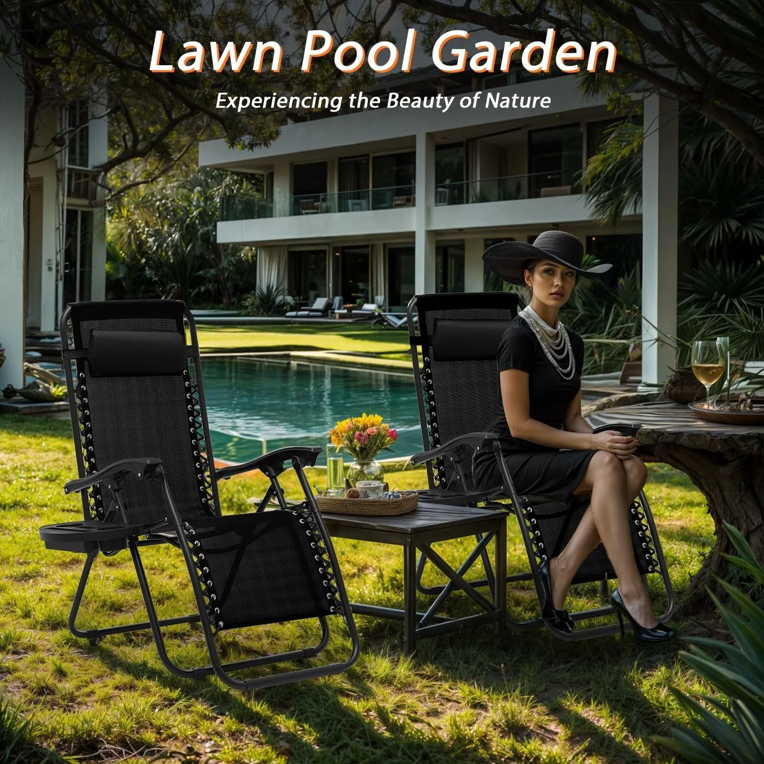 Zero Gravity Chairs, Portable Folding Reclining Lounge Chairs with Adjustable Pillow and Cup Holder Trays for Outdoor, Patio, Beach, Camping, Garden, Poolside, Set of 2 Black