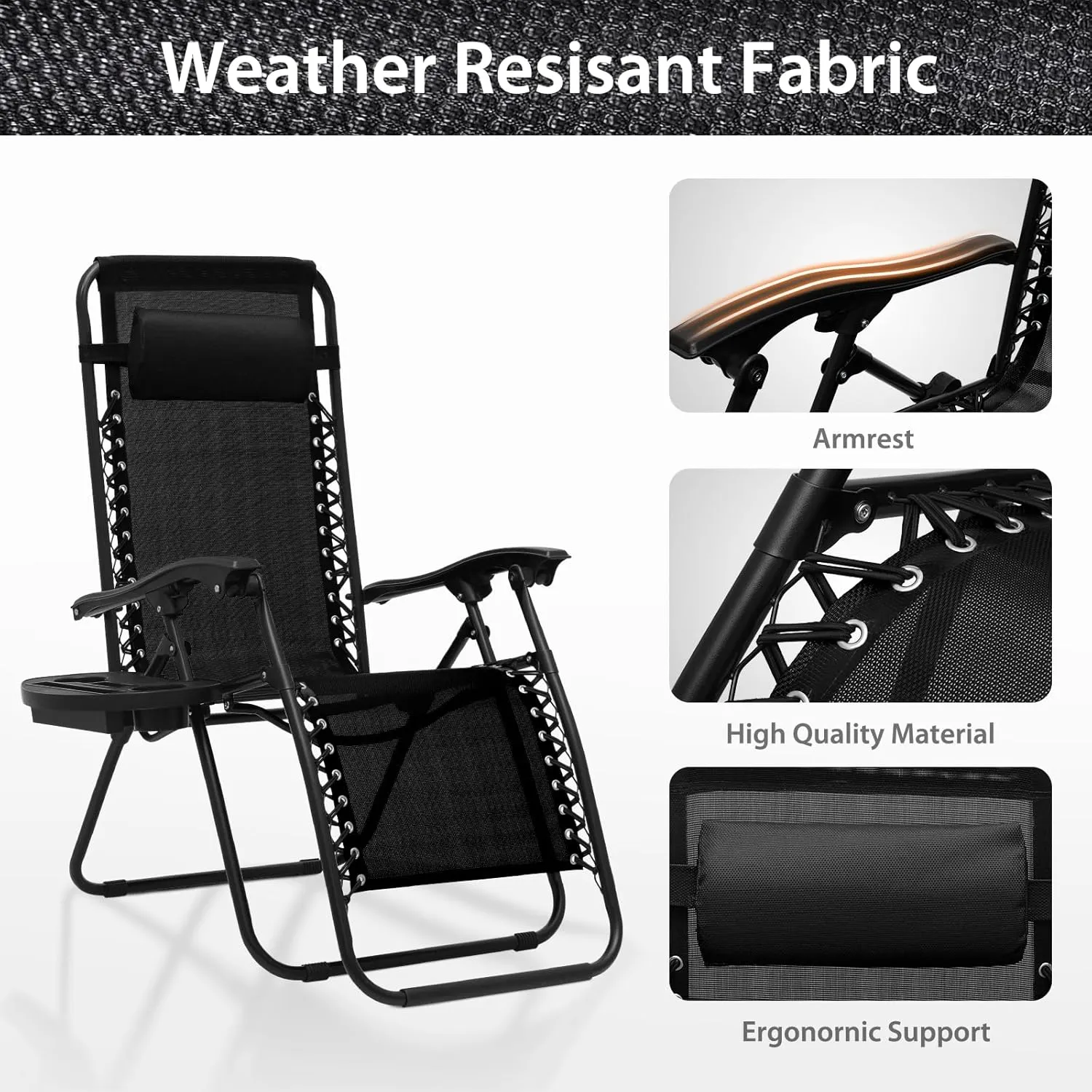 Zero Gravity Chairs, Portable Folding Reclining Lounge Chairs with Adjustable Pillow and Cup Holder Trays for Outdoor, Patio, Beach, Camping, Garden, Poolside, Set of 2 Black