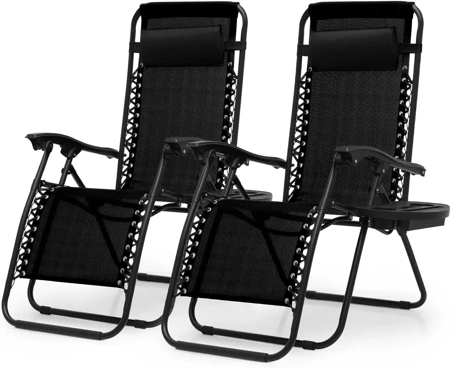 Zero Gravity Chairs, Portable Folding Reclining Lounge Chairs with Adjustable Pillow and Cup Holder Trays for Outdoor, Patio, Beach, Camping, Garden, Poolside, Set of 2 Black