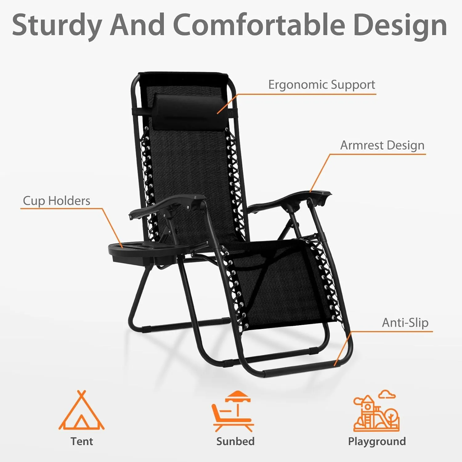 Zero Gravity Chairs, Portable Folding Reclining Lounge Chairs with Adjustable Pillow and Cup Holder Trays for Outdoor, Patio, Beach, Camping, Garden, Poolside, Set of 2 Black