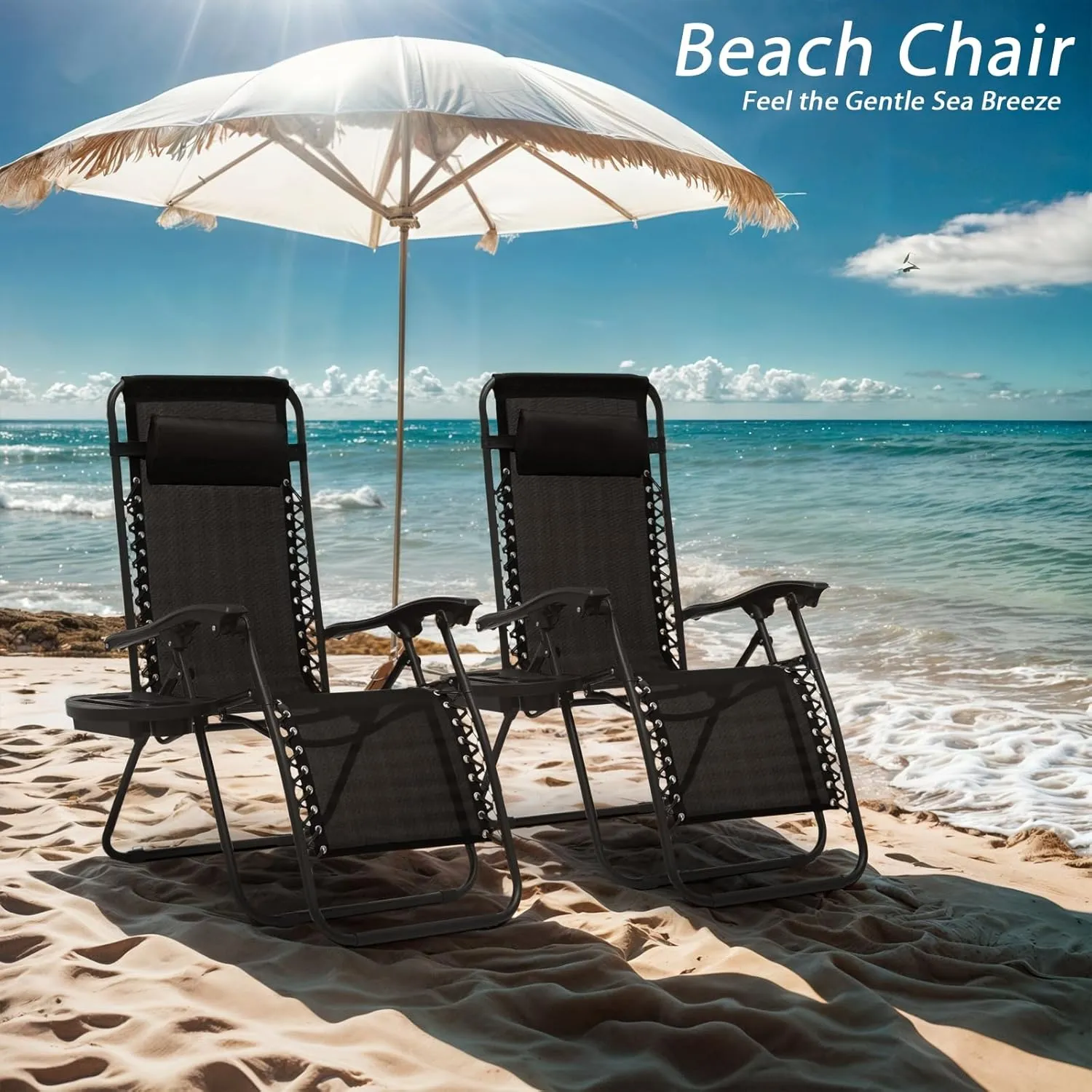 Zero Gravity Chairs, Portable Folding Reclining Lounge Chairs with Adjustable Pillow and Cup Holder Trays for Outdoor, Patio, Beach, Camping, Garden, Poolside, Set of 2 Black