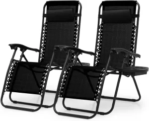 Zero Gravity Chairs, Portable Folding Reclining Lounge Chairs with Adjustable Pillow and Cup Holder Trays for Outdoor, Patio, Beach, Camping, Garden, Poolside, Set of 2 Black
