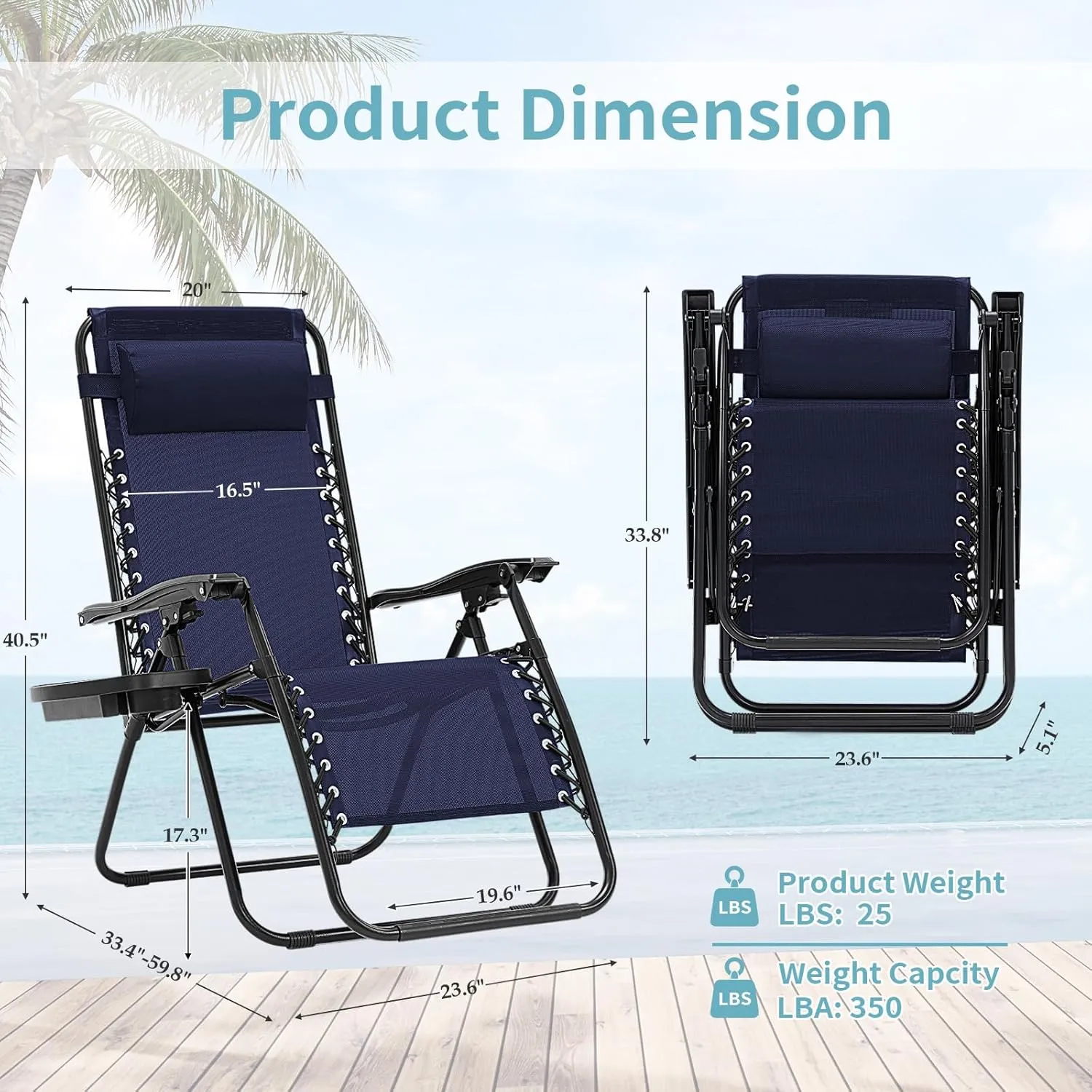 Zero Gravity Chairs Set of 2, 350lbs Capacity Folding Outdoor Patio Recliner with Adjustable Headrest & Cup Holder, Anti Gravity Chair for Backyard, Poolside & Lawn (Blue)