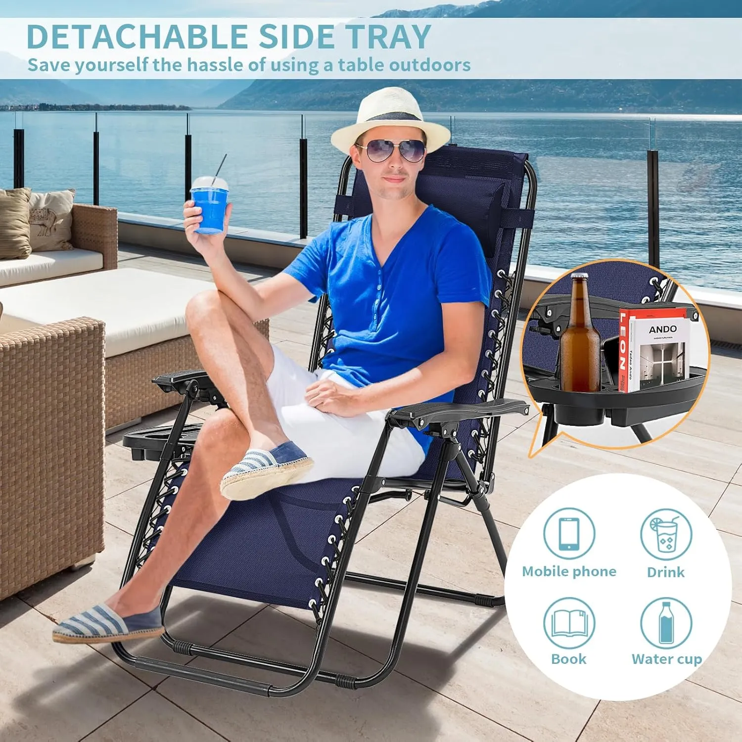 Zero Gravity Chairs Set of 2, 350lbs Capacity Folding Outdoor Patio Recliner with Adjustable Headrest & Cup Holder, Anti Gravity Chair for Backyard, Poolside & Lawn (Blue)