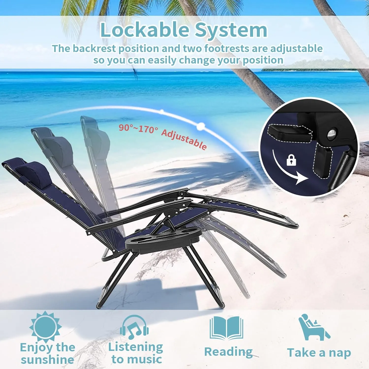 Zero Gravity Chairs Set of 2, 350lbs Capacity Folding Outdoor Patio Recliner with Adjustable Headrest & Cup Holder, Anti Gravity Chair for Backyard, Poolside & Lawn (Blue)