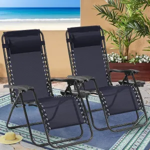 Zero Gravity Chairs Set of 2, 350lbs Capacity Folding Outdoor Patio Recliner with Adjustable Headrest & Cup Holder, Anti Gravity Chair for Backyard, Poolside & Lawn (Blue)