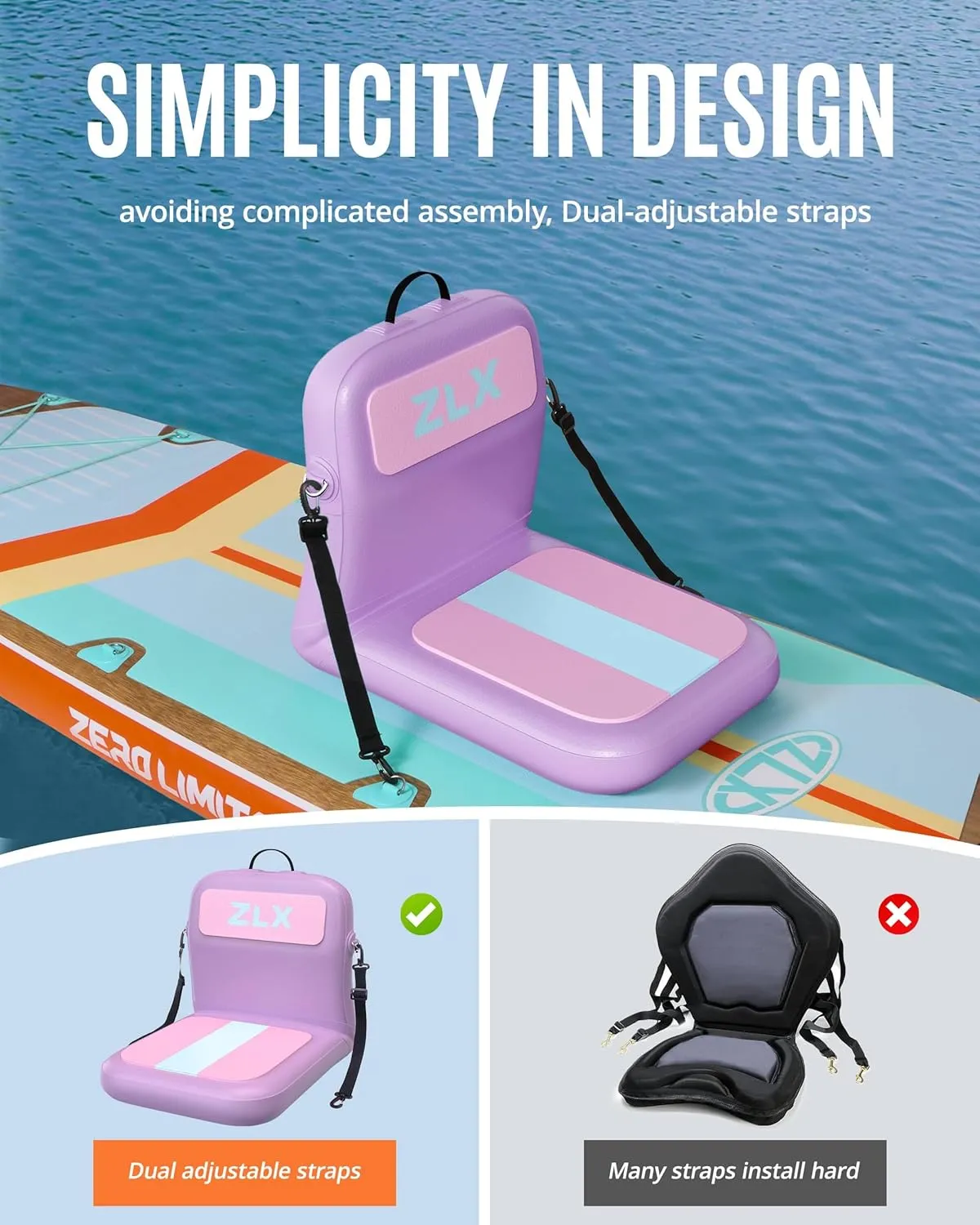ZLX Paddle Board Seat with Back Support, Portable Kayak Seat, Air Pump Included, Universal Inflatable Seat for Adults, Foldable Ergonomic Design, Easy Fix for Outdoor Fishing/Kayaking/Camping