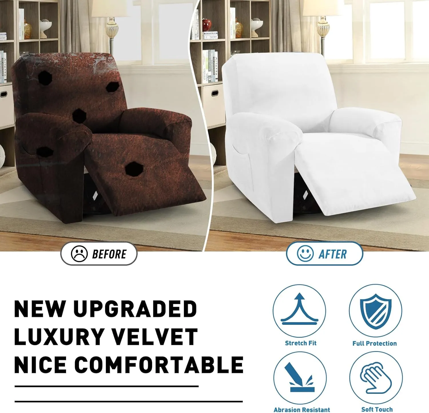 ZNSAYOTX 2025 Velvet Oversized Recliner Cover 3-Piece, Luxury Plush Recliner Chair Covers with Elastic Band & Ties Stay in Place, Stretch Reclining Slipcover for Lazy Boy Soft Washable (White)