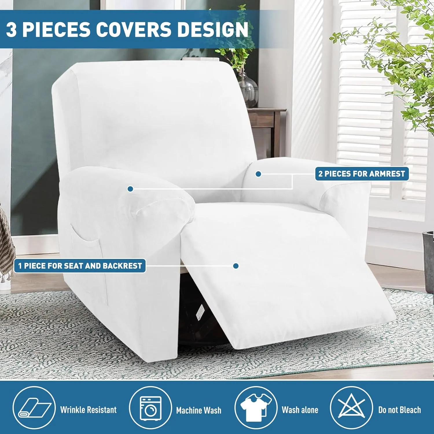 ZNSAYOTX 2025 Velvet Oversized Recliner Cover 3-Piece, Luxury Plush Recliner Chair Covers with Elastic Band & Ties Stay in Place, Stretch Reclining Slipcover for Lazy Boy Soft Washable (White)