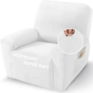 ZNSAYOTX 2025 Velvet Oversized Recliner Cover 3-Piece, Luxury Plush Recliner Chair Covers with Elastic Band & Ties Stay in Place, Stretch Reclining Slipcover for Lazy Boy Soft Washable (White)
