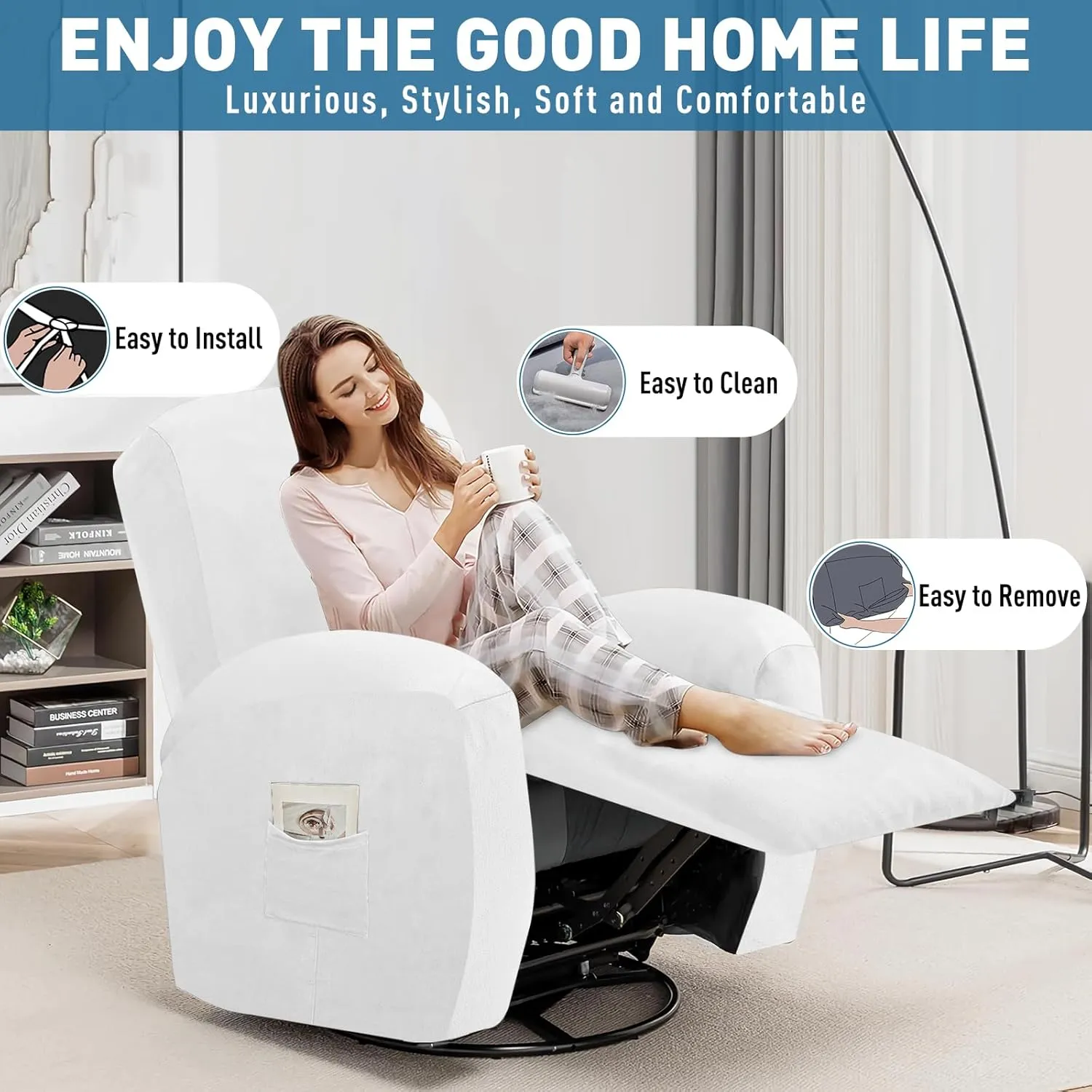 ZNSAYOTX 2025 Velvet Oversized Recliner Cover 3-Piece, Luxury Plush Recliner Chair Covers with Elastic Band & Ties Stay in Place, Stretch Reclining Slipcover for Lazy Boy Soft Washable (White)