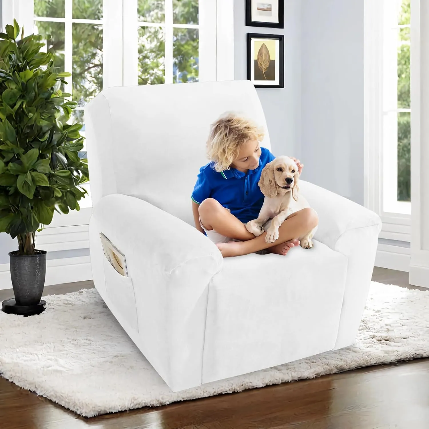 ZNSAYOTX 2025 Velvet Oversized Recliner Cover 3-Piece, Luxury Plush Recliner Chair Covers with Elastic Band & Ties Stay in Place, Stretch Reclining Slipcover for Lazy Boy Soft Washable (White)