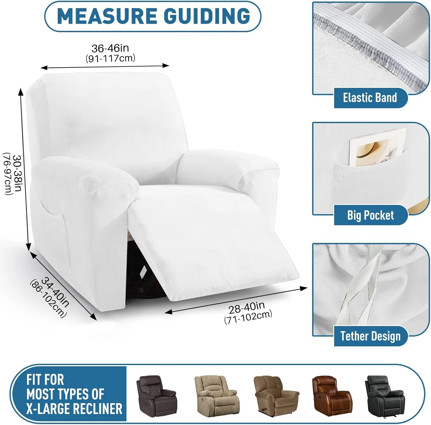 ZNSAYOTX 2025 Velvet Oversized Recliner Cover 3-Piece, Luxury Plush Recliner Chair Covers with Elastic Band & Ties Stay in Place, Stretch Reclining Slipcover for Lazy Boy Soft Washable (White)