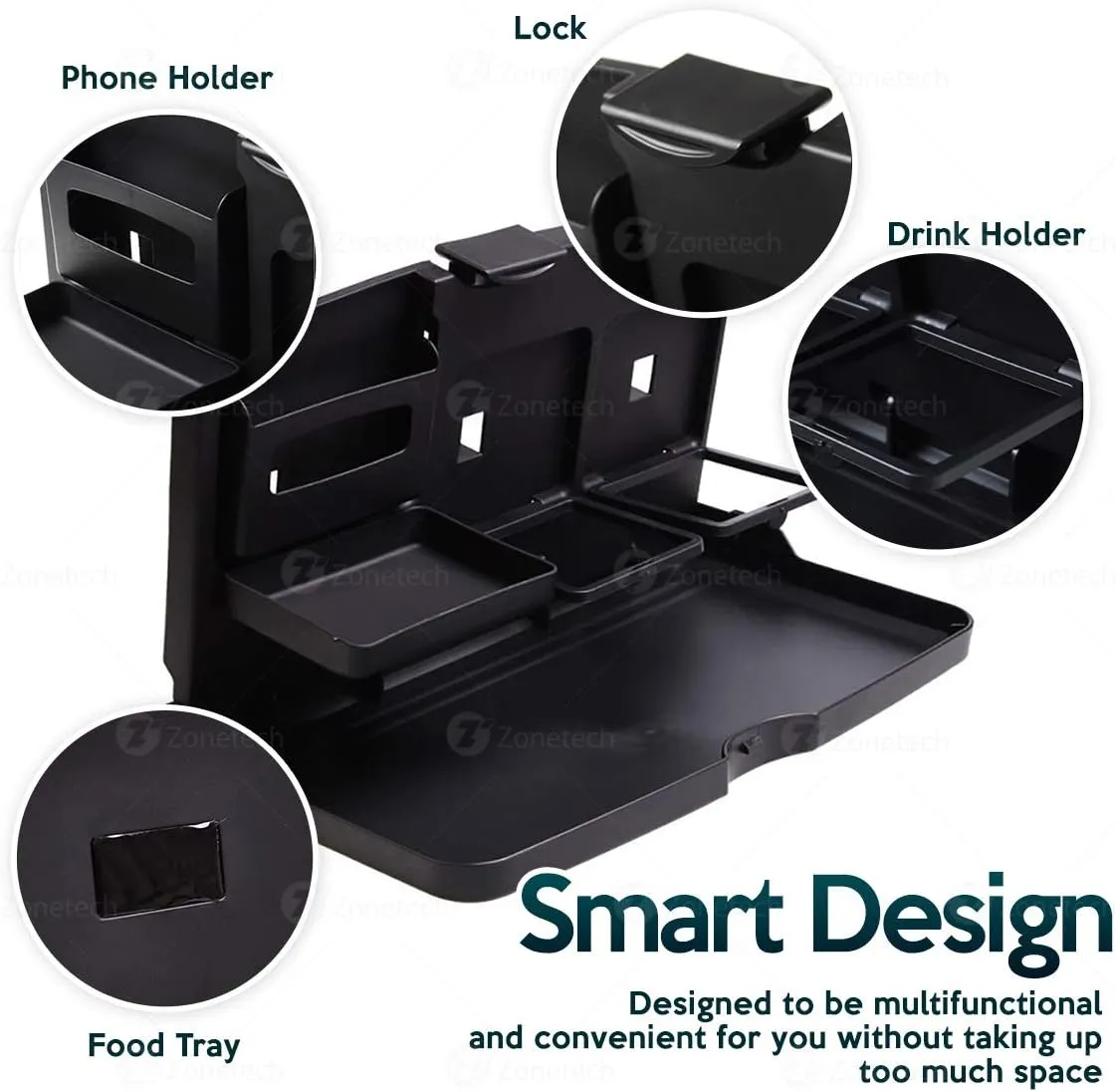 ZONETECH Multi-Functional Portable Foldable Car Backseat Tray Desk - Black Vehicle Table for Food, Meal, Snack, Laptop - Stay Organized When on The Go (1-Pack)