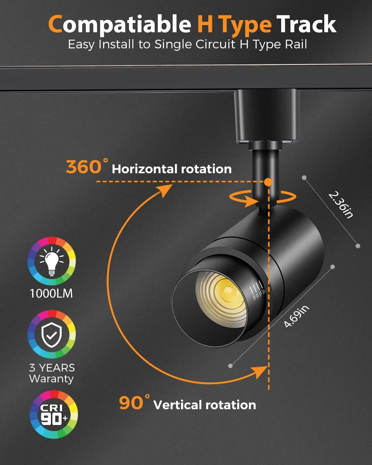 Zoomable H Track Lighting Heads H Type Track Light Heads Dimmable LED Track Lighting Fixtures Ceiling Spot Light, H Style Track Heads for H Track Lighting Rails - Black CRI90 12W 12 Pack 3000K